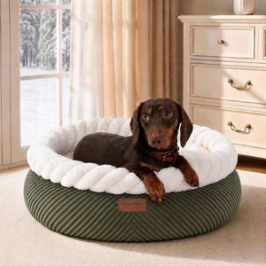 image:imageFUKUMARU Cat Bed Calming Donut Dog Beds Plush Faux FurampCorduroy Kitten Beds Cute Round Washable Pet Bed for Large Cats and Puppy Cat Cave with AntiSlip Bottom 21inch CamelGreen
