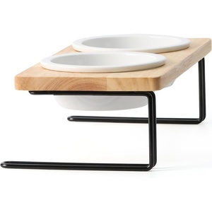 image:imageFUKUMARU Elevated Cat Ceramic Bowls Small Dog Raised Food Feeding Dishes Solid Wood Water Stand Feeder Set for Cats and PuppyBeige