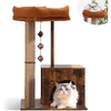 image:imageFUKUMARU Cat Scratching Post Modern Style Cat Tree with Unique Square Post Wooden Cat Tower with silvervine Balls Retro Cat Brown Condo Scratcher for Indoor CatsSolid Wood