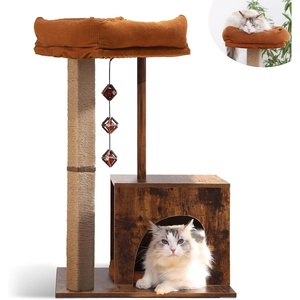 image:imageFUKUMARU Cat Scratching Post Modern Style Cat Tree with Unique Square Post Wooden Cat Tower with silvervine Balls Retro Cat Brown Condo Scratcher for Indoor CatsSolid Wood