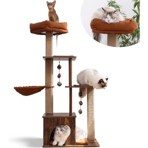 image:imageFUKUMARU Cat Tree 4 in 1 Large Modern Cats Tower with Jute Scratching Post and Hammock Wood Cat Condo with silvervine Balls Brown Cat Climber Stand Playhouse for Indoor Cats Retro StyleBrown