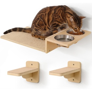 image:imageFUKUMARU Cat Wall Shelves 3 in 1 Cats Walls Furniture Set Food Station with 2 Steps Birch Plywood Perch Suitable for Kitten Play Nap Eat DIY Wall Jungle GymLight Wood Color