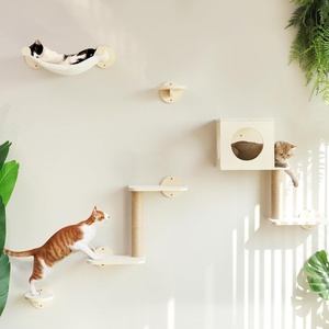 image:imageFUKUMARU Cat Wall Shelves 4 in 1 Stable Wooden WallMounted Furniture Set Climbing Tree with Hammock Bed Perch and Scratching Mat BlackBeige
