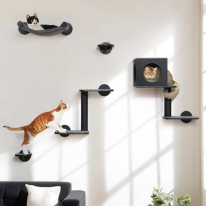 image:imageFUKUMARU Cat Wall Shelves 4 in 1 Stable Wooden WallMounted Furniture Set Climbing Tree with Hammock Bed Perch and Scratching Mat BlackBlack