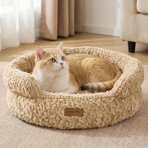 image:imageFUKUMARU Round Cat Bed Plush Washable Calming Dog Bed with Low Entry  Raised Bolster Small Dog Bed Soft Cozy Donut Cat Bed for Indoor Cats Faux Rabbit Fur amp AntiSlip Bottom 20 Inch CamelCamel