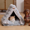 image:imageFUKUMARU Cat Cave Bed Sturdy Frame Washable Cat Tent Bed with Curtain  SemiEnclosed Cat Hideaway for Anxious Cats Large Cozy Cat House for Indoor Cats Soft Plush Covered Dog Bed CreamGrey